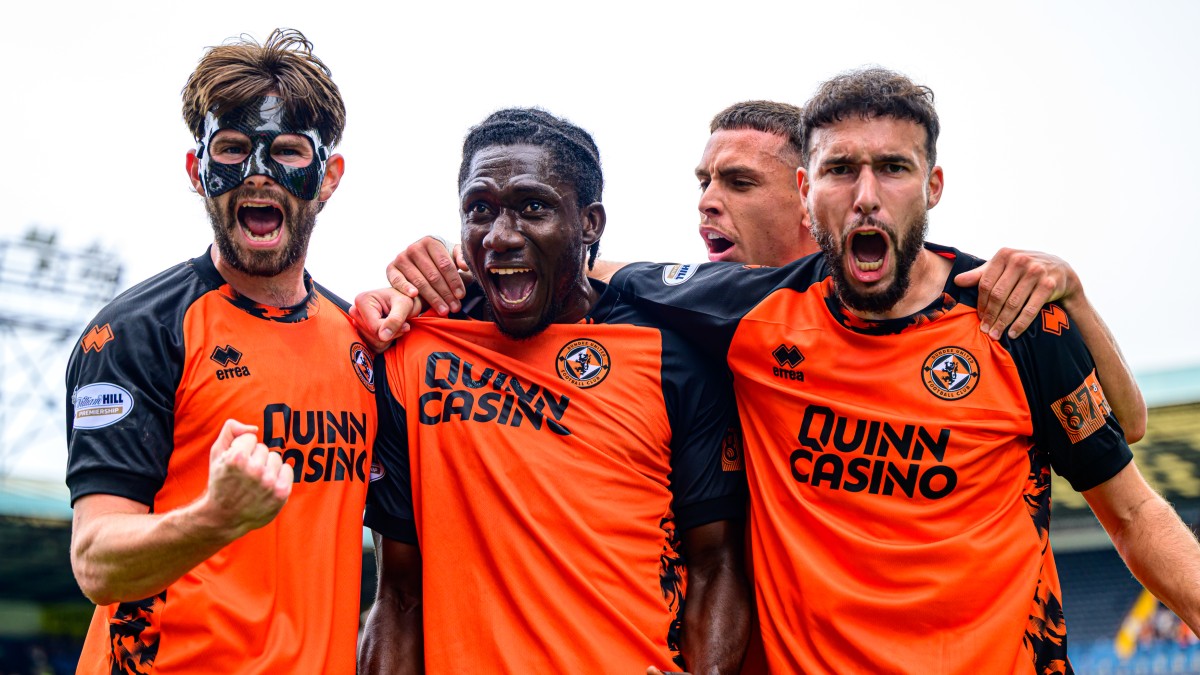Celebrations for Emmanuel Agyei's opener at Rugby Park